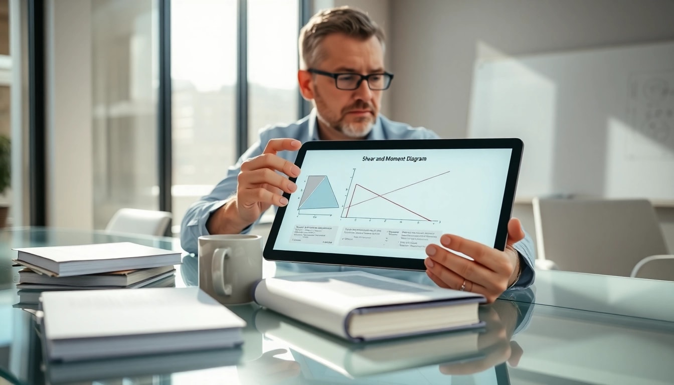Engineer examining a Shear and Moment Diagram on a tablet in a modern office setting.