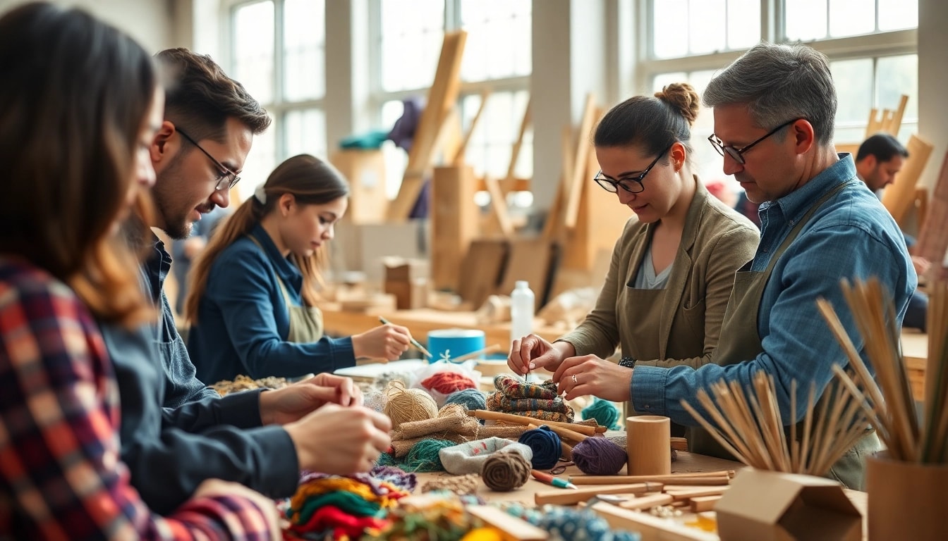 Engaged participants in craft training programs collaborating in a vibrant workshop setting.