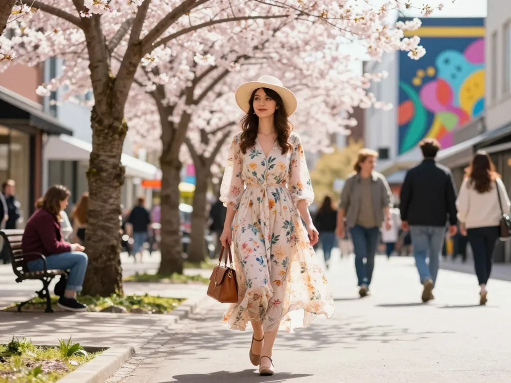 Fashionable woman in a floral spring dress enjoying the vibrant city during spring.