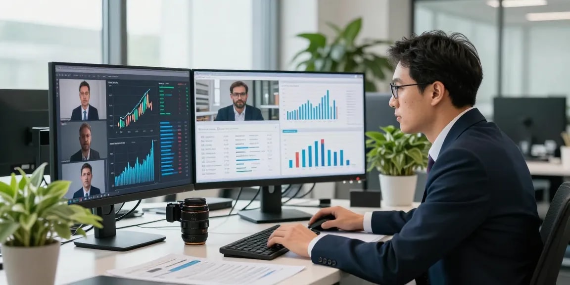 Business professional examining financial crime intelligence data in a modern office setting with analytical charts and reports.