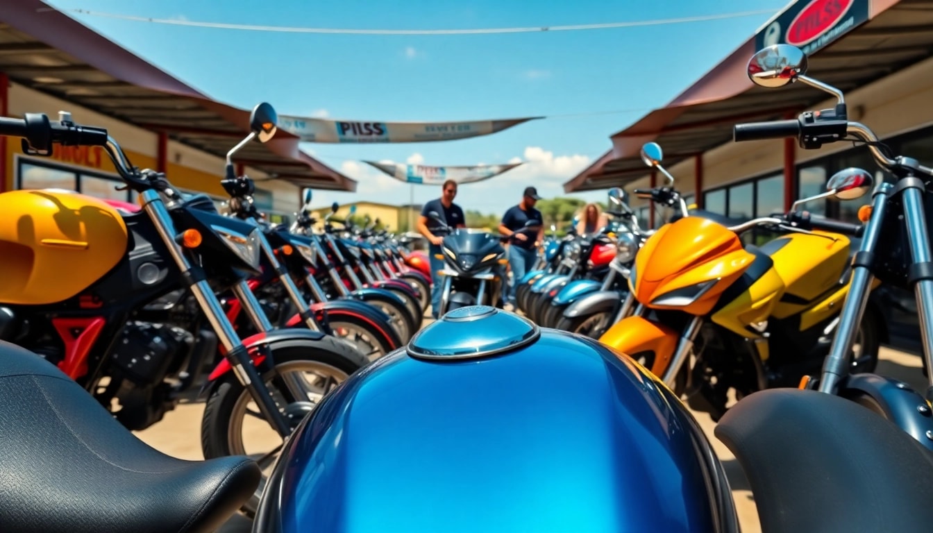 Explore budget DOT approved motorcycles for sale with a colorful lineup at a sunny dealership.