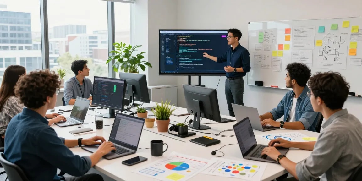 Collaboration in a modern tech workspace for 纸飞机官网's software development, showcasing creativity and teamwork.
