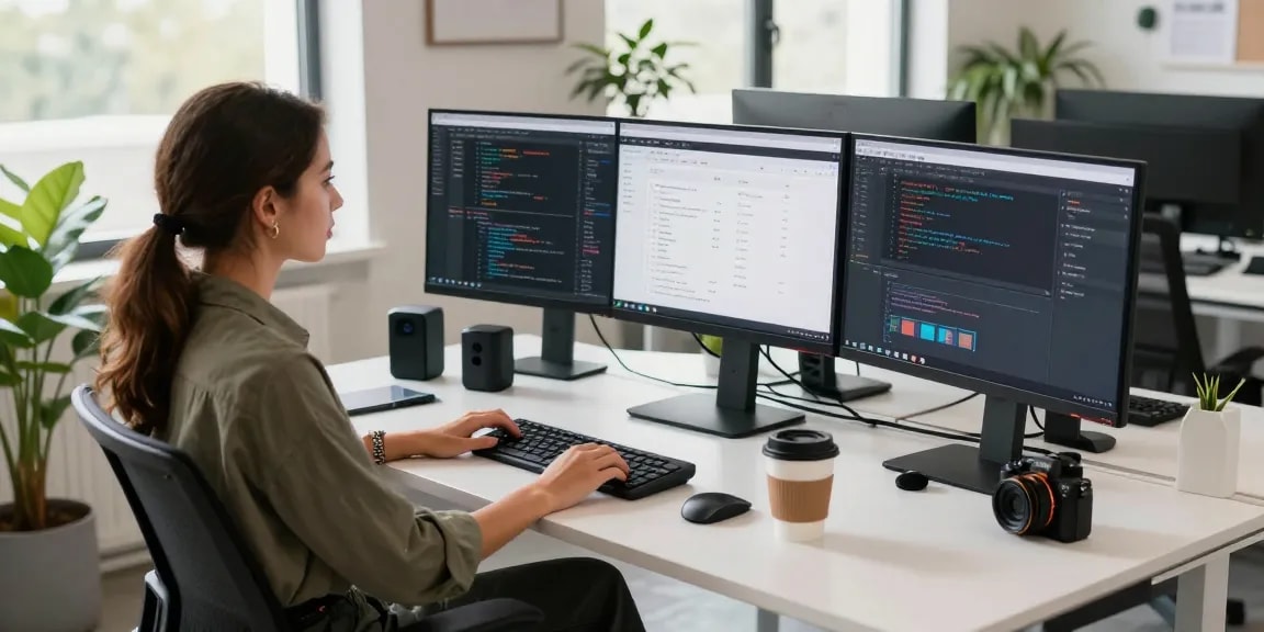 Developer coding in a modern tech workspace with multiple monitors and coffee, showcasing 纸飞机中文版.