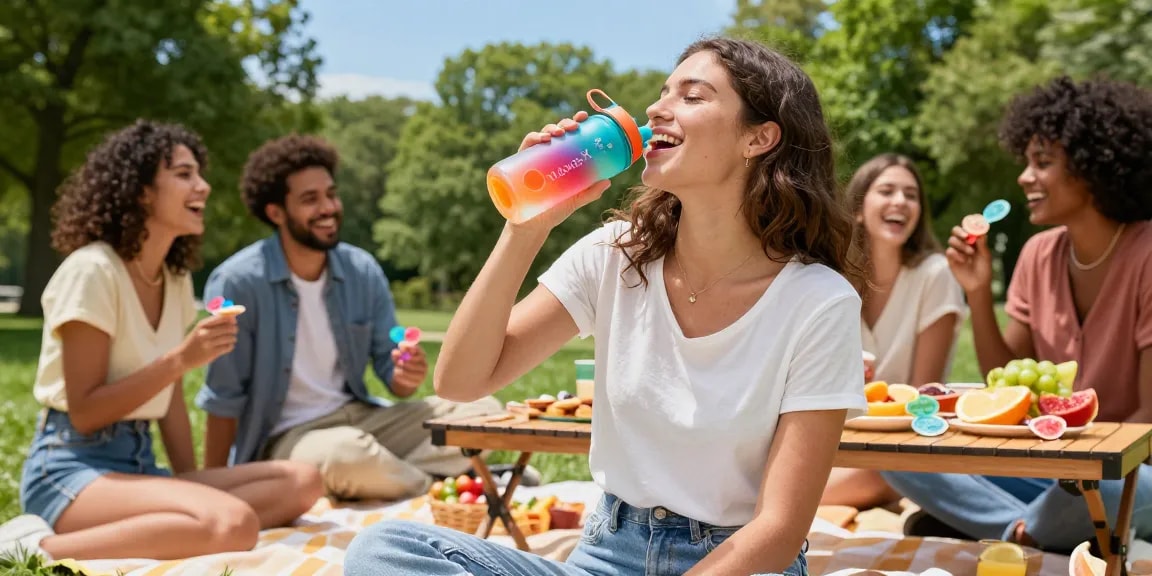 Enjoying water bottle with flavor pods in a sunny park, surrounded by friends for a refreshing moment.