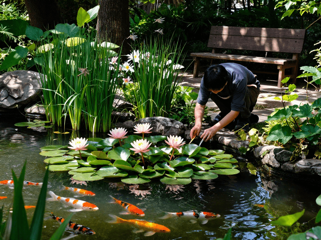 Water Lilies in a serene pond with a gardener tending to vibrant plants under sunlight.
