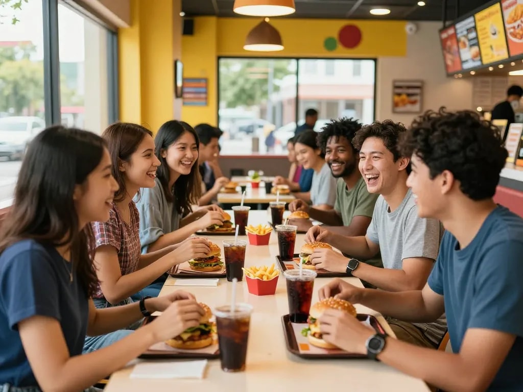 Group of friends enjoying fast food prices at a vibrant restaurant.