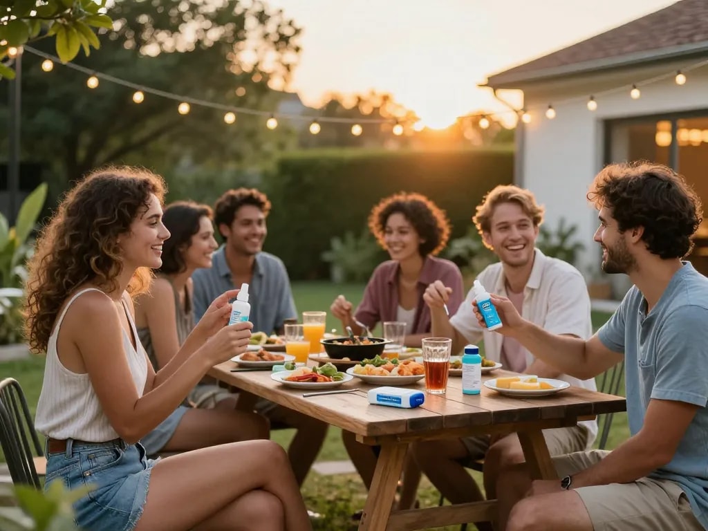 Outdoor summer barbecue scene with friends applying Best Mosquito Repellent for effective protection against mosquitoes.