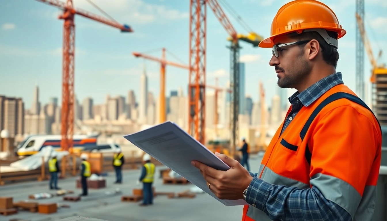 New York City construction manager reviewing project blueprints on an active construction site.