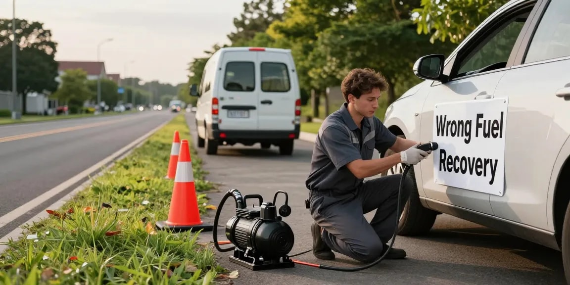 Petrol in diesel car recovery scene with technician extracting wrong fuel safely.