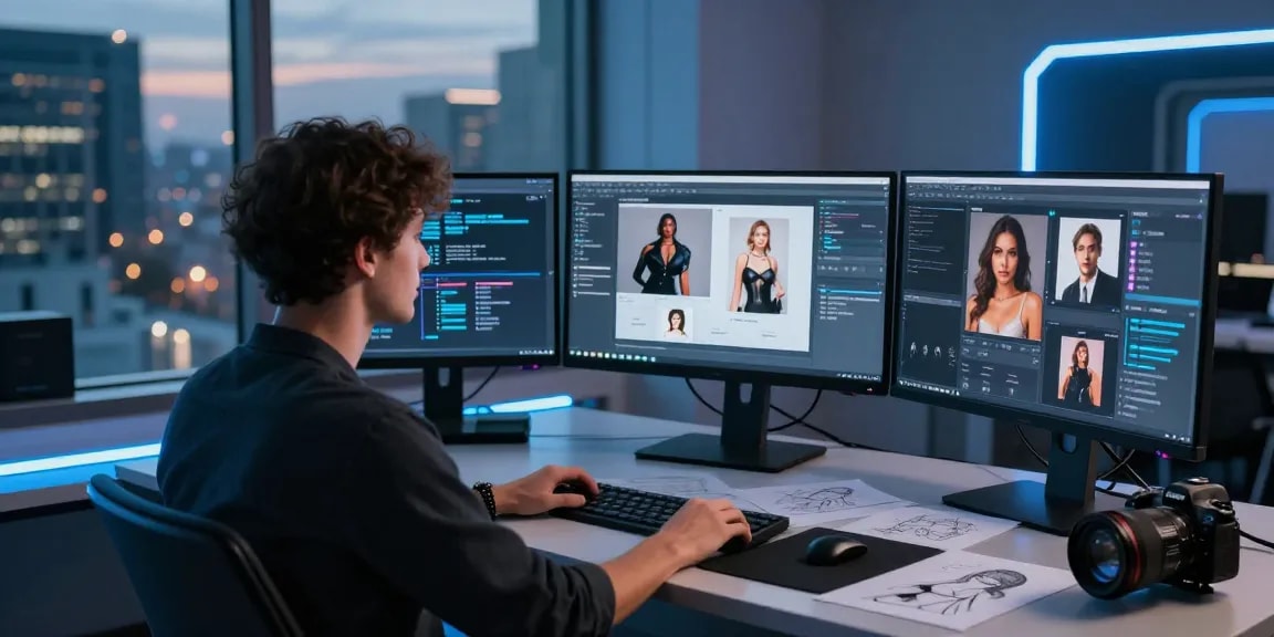 AI porn development scene with innovative technology and design elements, showcasing a creative workspace.