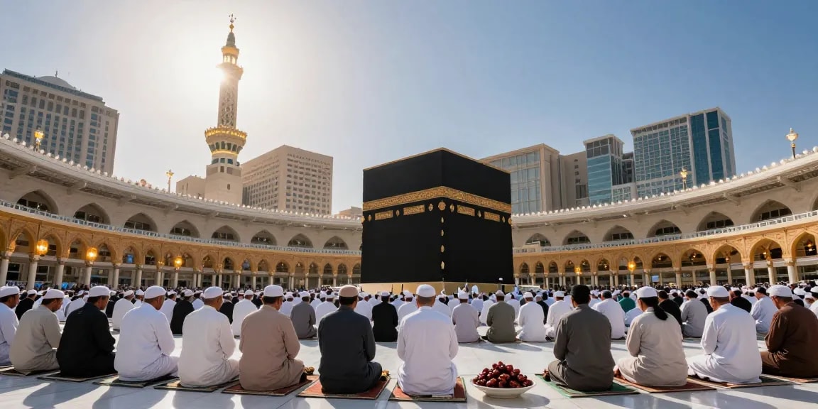 Umroh Full Ramadhan 2026 travel guide showcasing pilgrims in prayer at Masjid al-Haram, highlighting remarkable spiritual tourism experience.