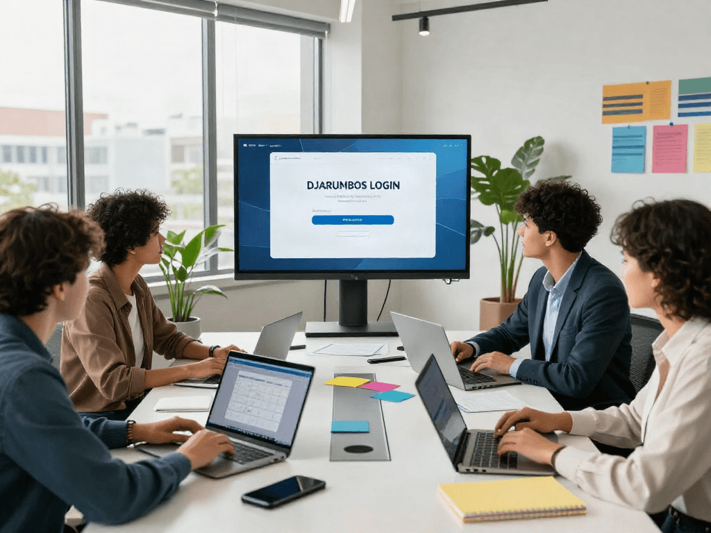 Engaging professionals discussing DJARUMBOS LOGIN at a modern office conference table setting.