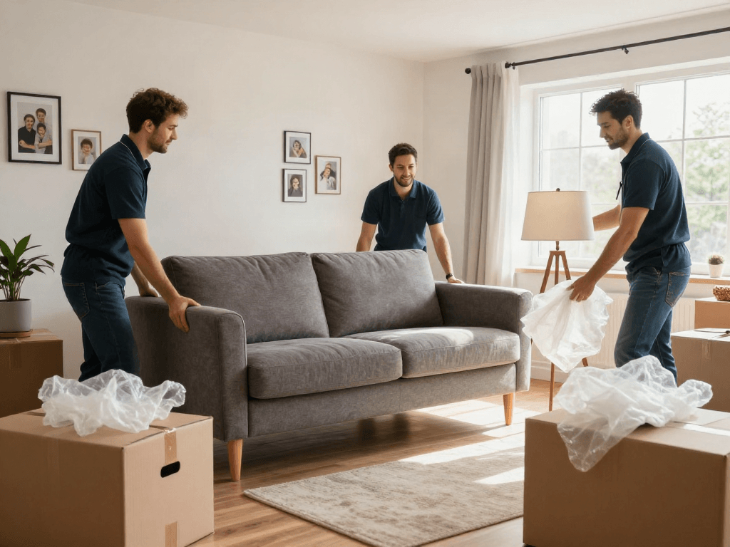 Professional movers efficiently handling furniture during a home relocation.