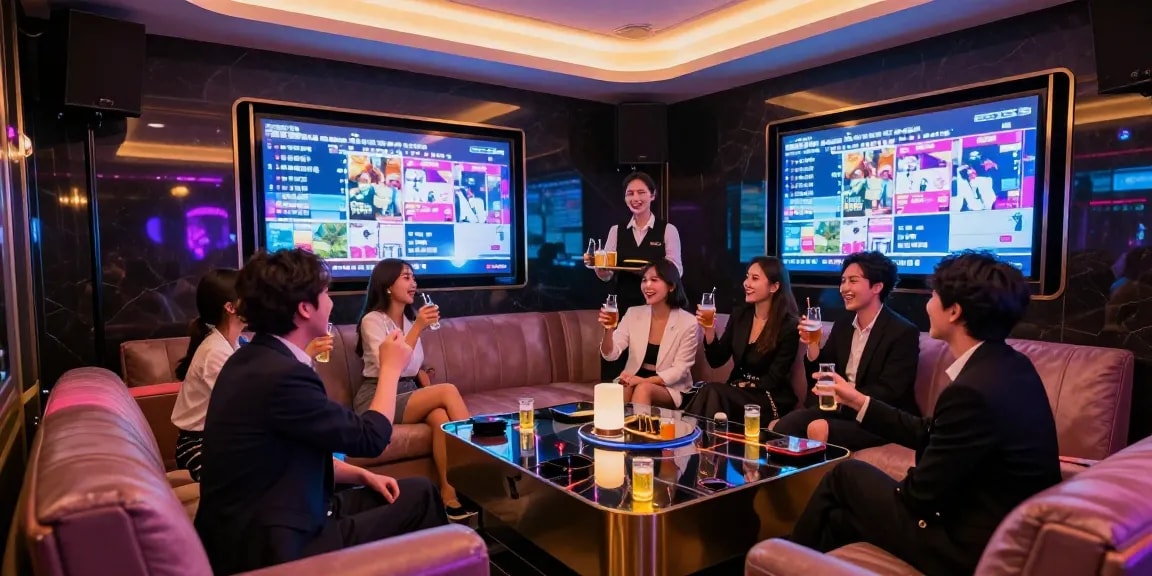 강남가라오케에서 친구들과 함께 즐거운 시간을 보내는 모습, 고급스러운 분위기와 화려한 조명.