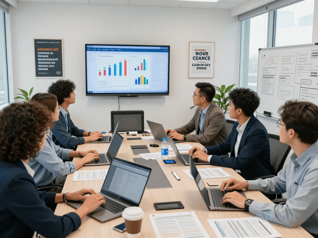 Team analyzing political survey research data in a modern campaign strategy meeting