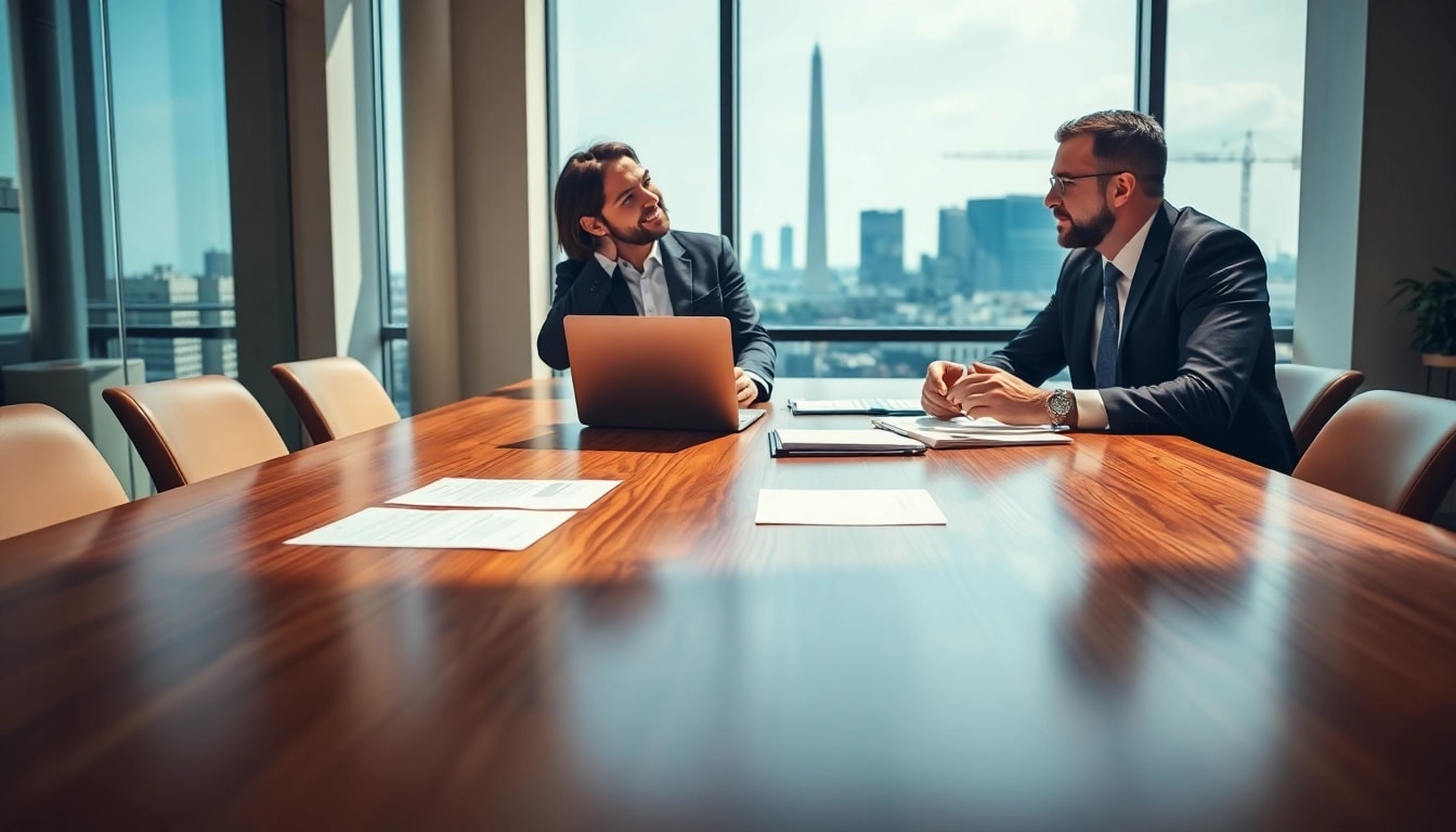 Washington DC Venture Capital Lawyer advising a startup founder in a modern office.