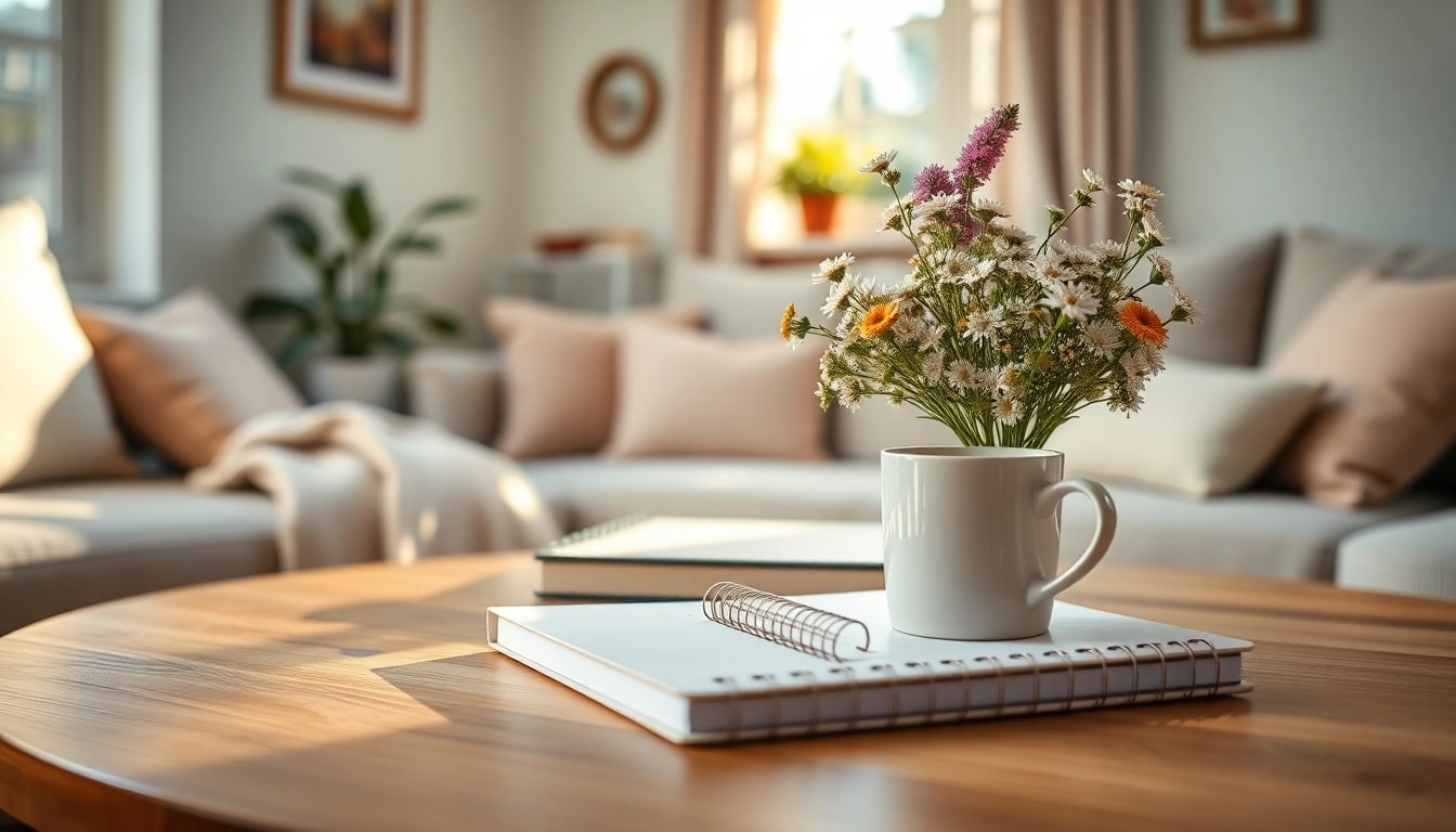 Explore the cozy setup of a UK Lifestyle Blog featuring a coffee table and flowers.