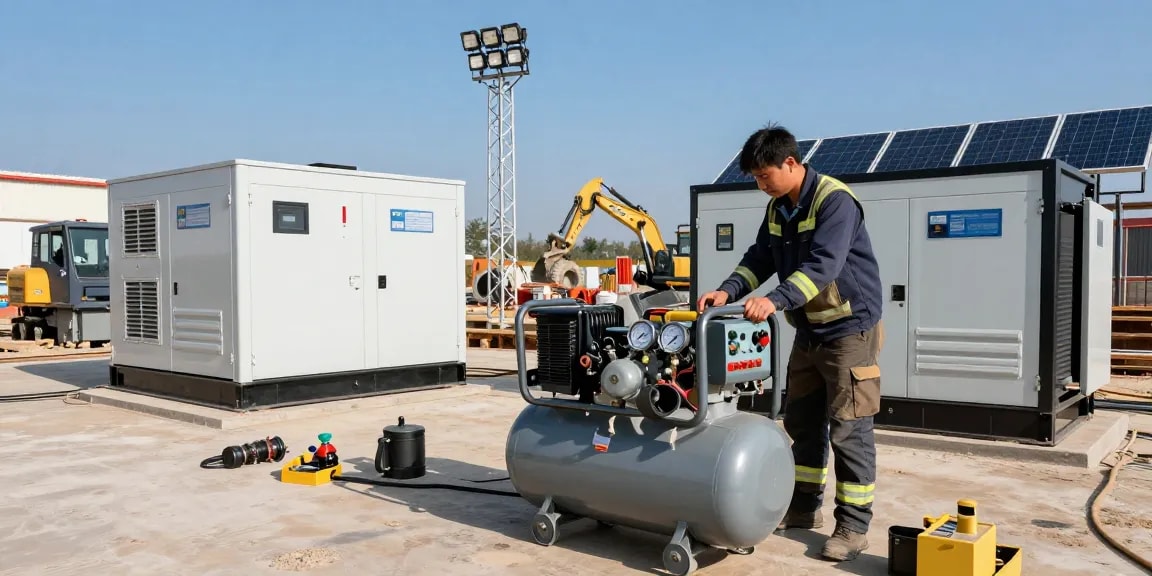 Technician inspecting portable air compressor for efficient power generation solutions at a construction site.
