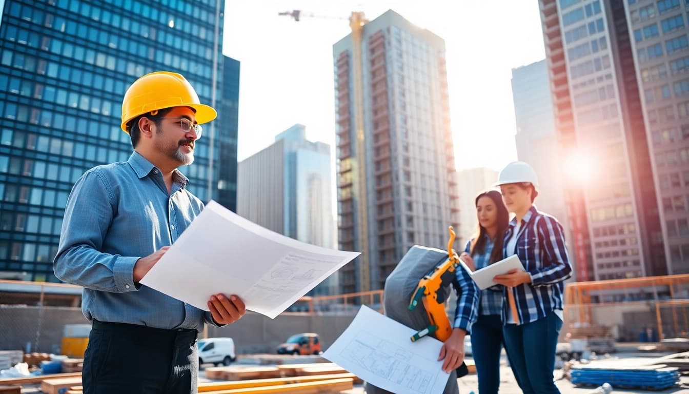 New York Commercial General Contractor leading a construction team with architectural plans in a bustling city.
