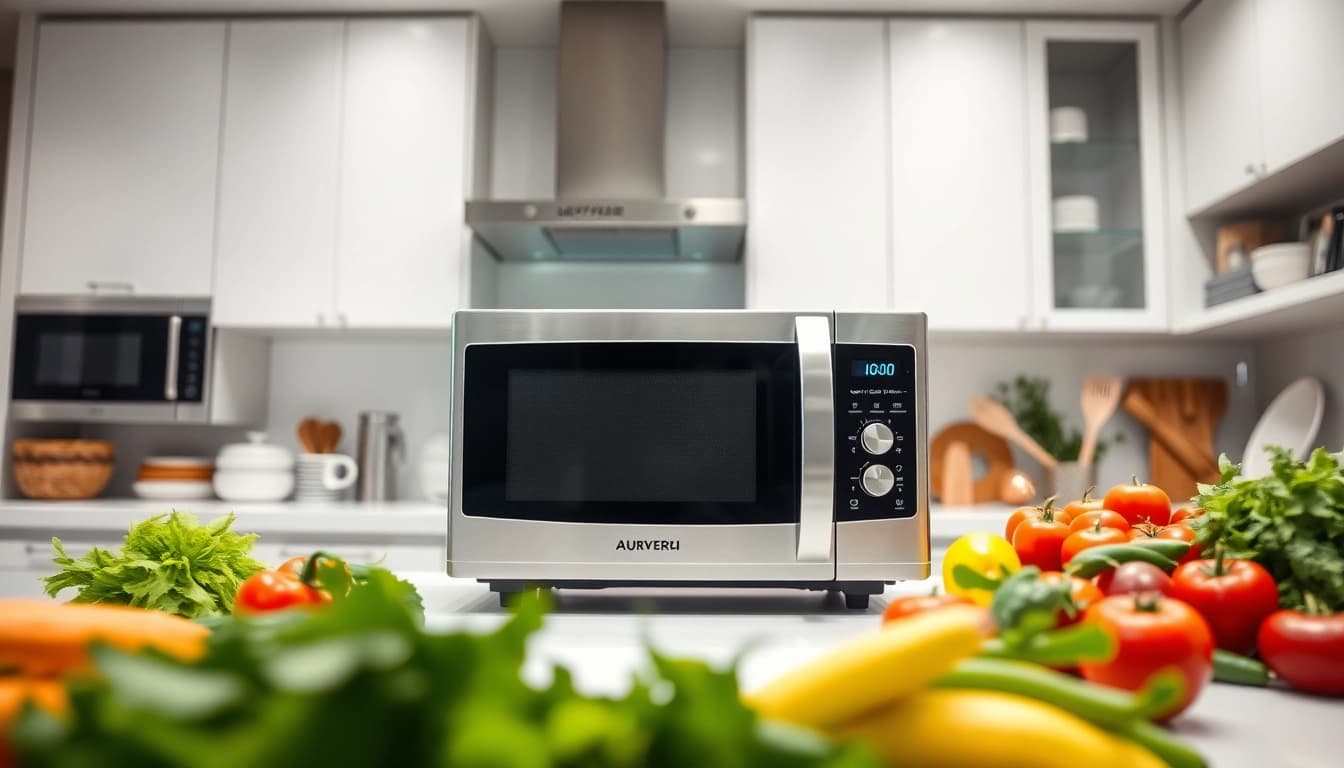Showcasing microwave oven sales with a modern kitchen setup filled with fresh ingredients.
