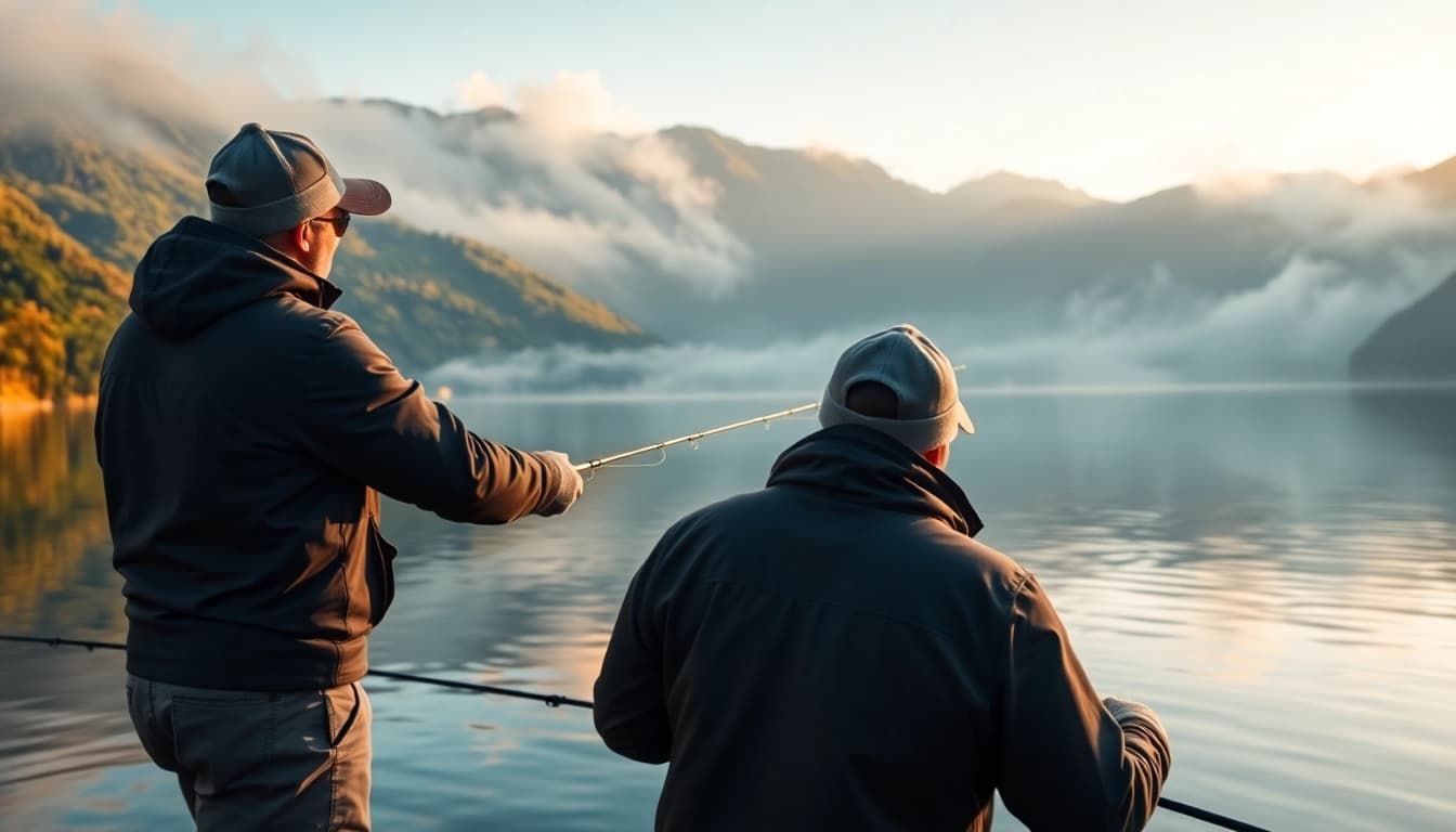 Angler showcasing a fly fishing combo while casting on a tranquil mountain lake.