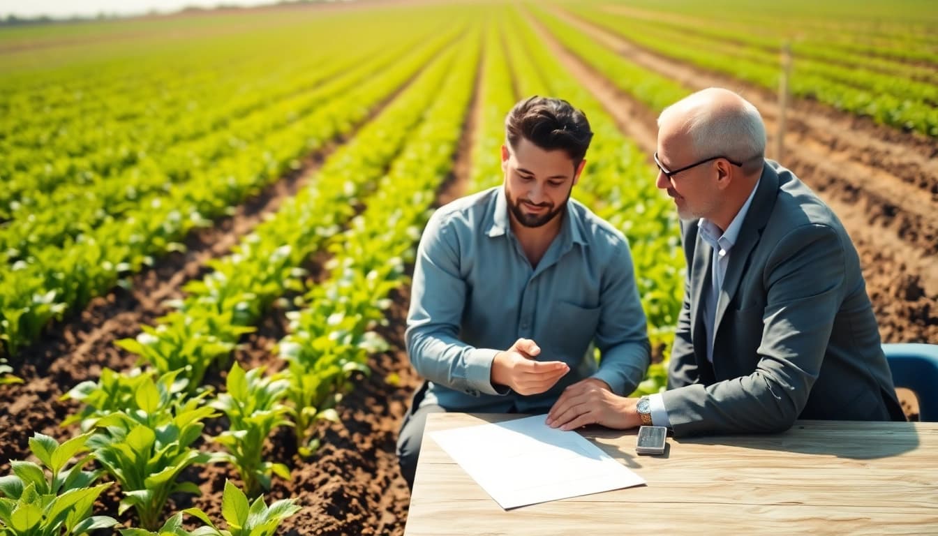 Consulting on agriculture law with a farmer surrounded by lush crops in a sunny field.