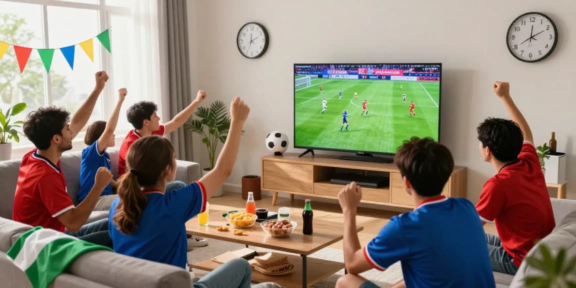 Nonton bola gratis di BOLAKAMI bersama teman-teman, suasana menggembirakan di ruang tamu dengan layar TV besar.