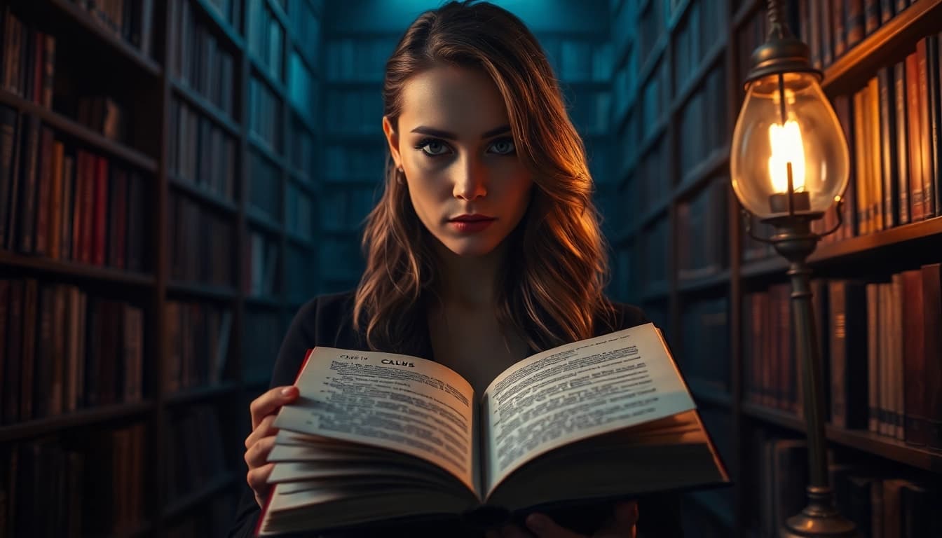 Engaging clean thriller book scene featuring a mysterious female character discovering clues.