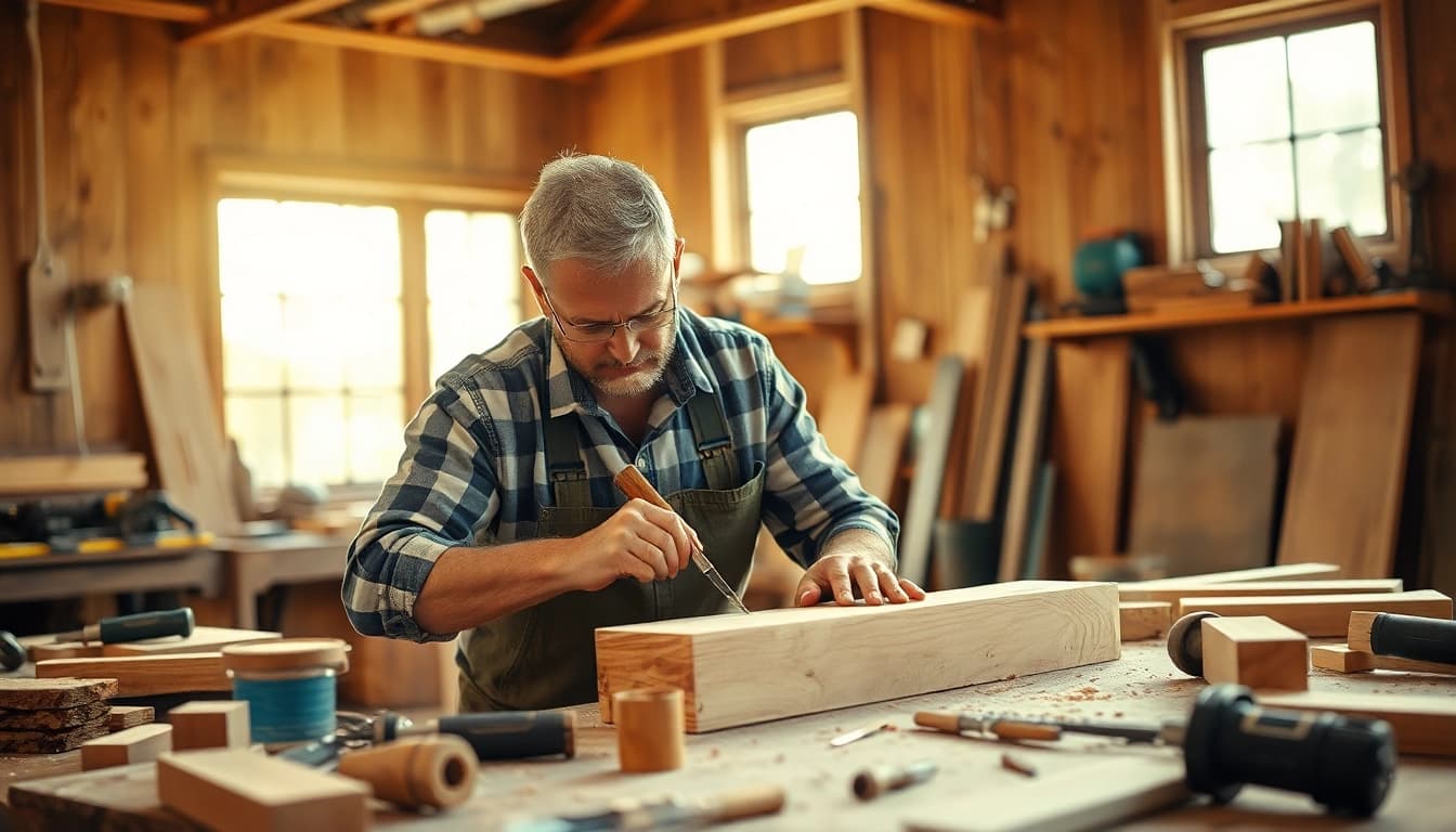Carpenter focused on woodworking in a bright workshop filled with tools and warm wooden textures.