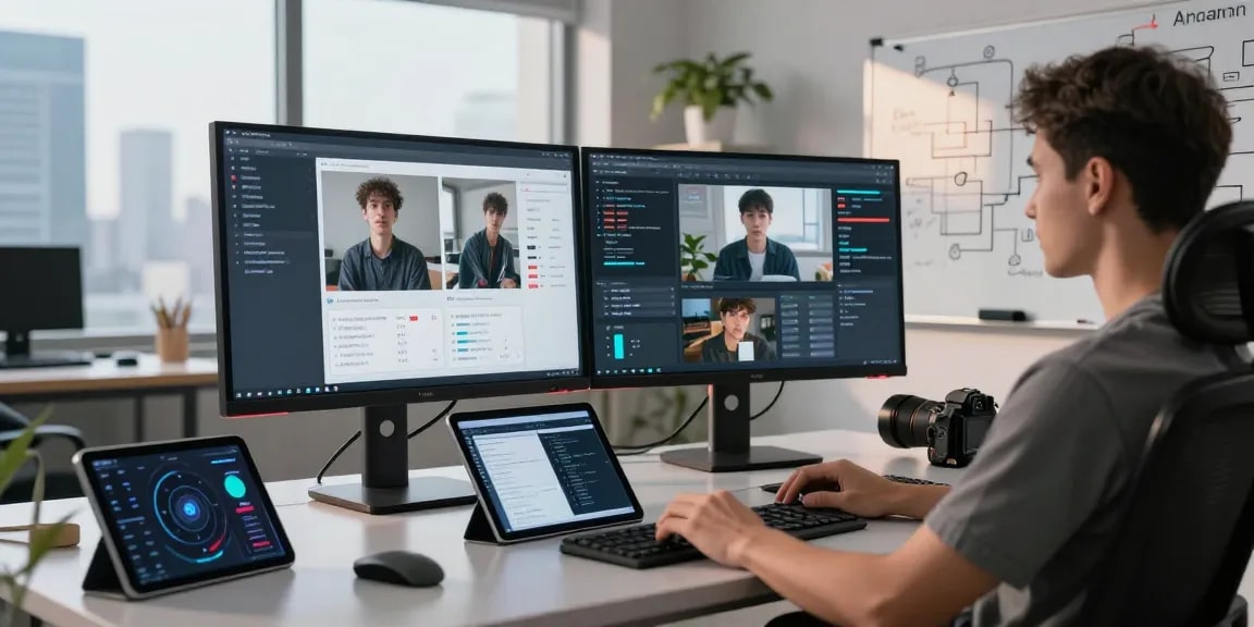 AI detector analysis in a modern workspace with dual monitors showcasing content moderation.