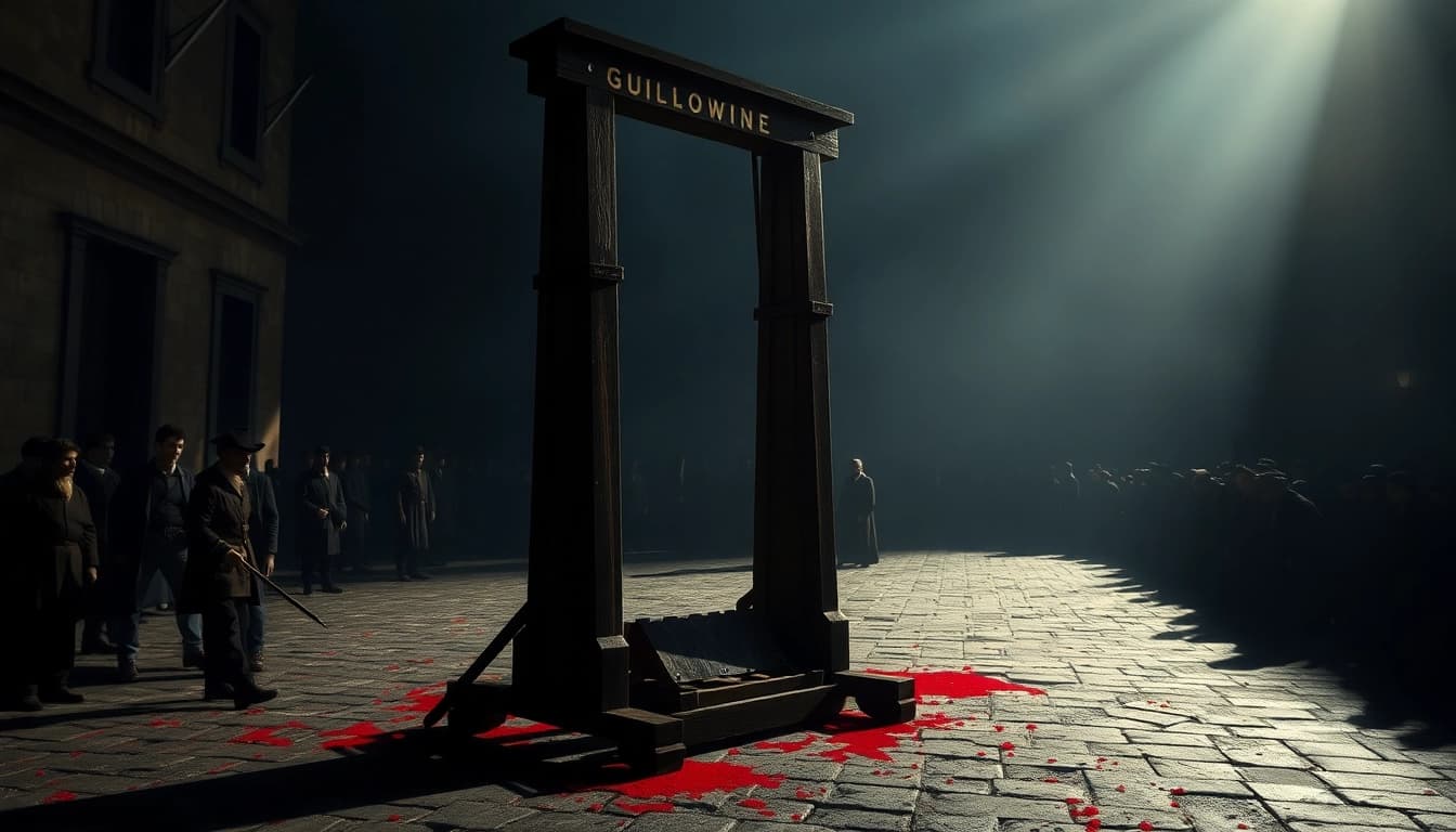 Visual representation of guillotine origin phrase highlighting its historical context in a dramatic courtyard setting.