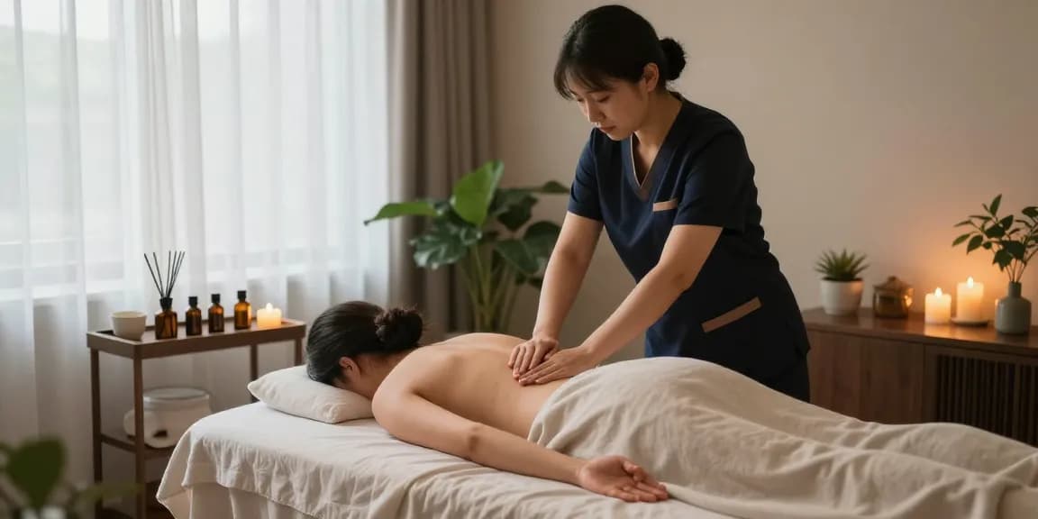 스웨디시 마사지를 받는 고객과 편안한 분위기의 마사지 치료실