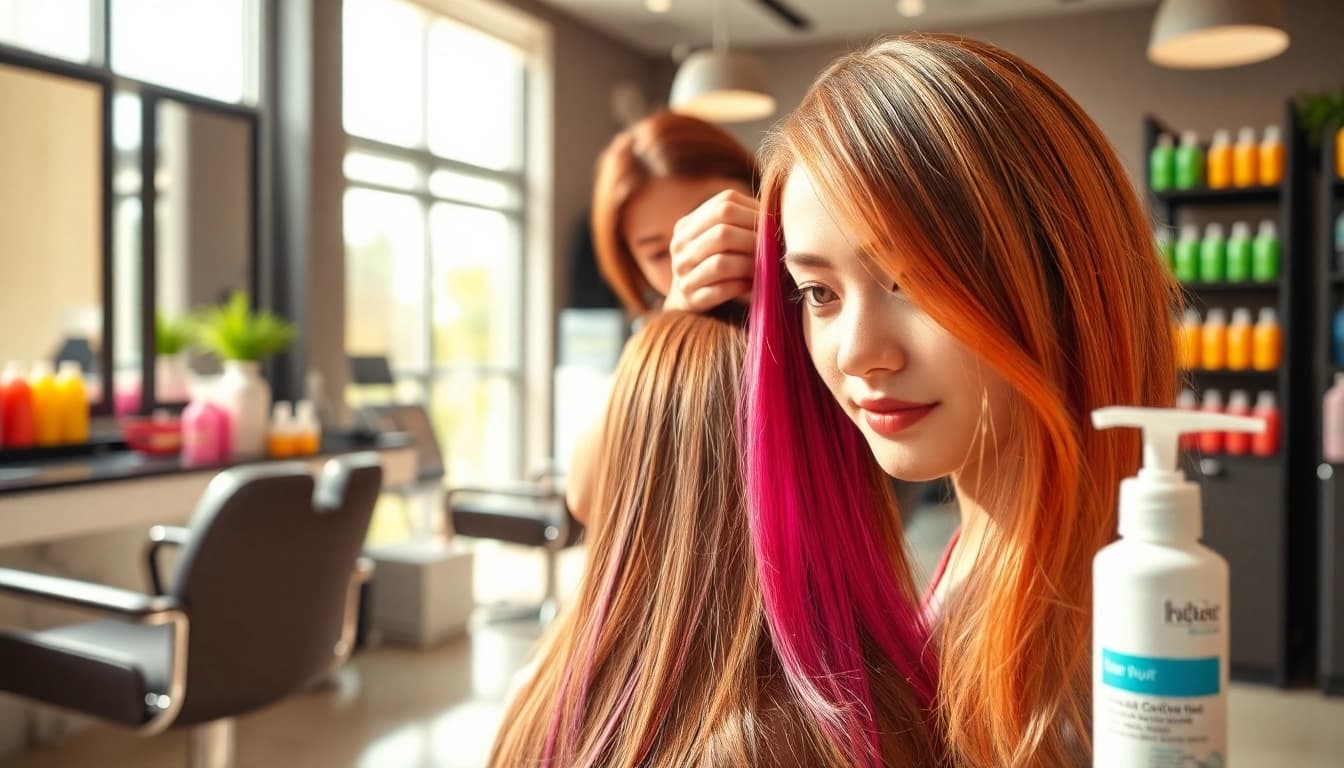 Salon vopsit bucuresti: Stălist aplicând vopsea vibrantă pe părul unei cliente într-un mediu elegant.