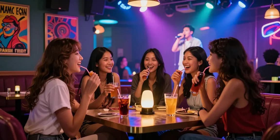 밤알바알아보기와 관련된 활기찬 노래방에서 즐거운 사회적 순간을 보여줍니다.