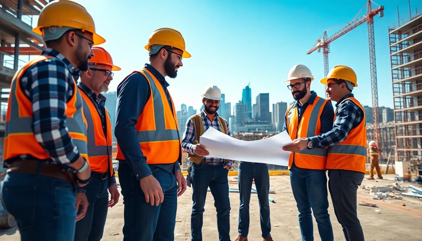 Engaged construction workers from the construction association denver collaborating on a vibrant building site.