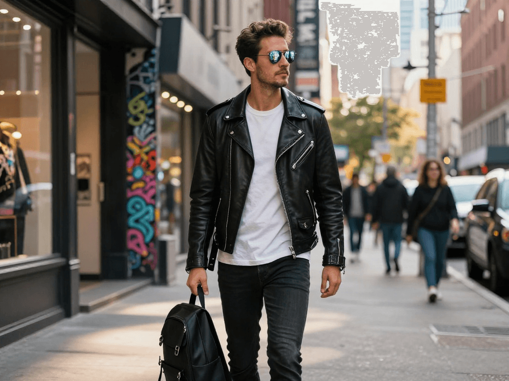 Stylish man in a men's leather jacket walking confidently in an urban environment.