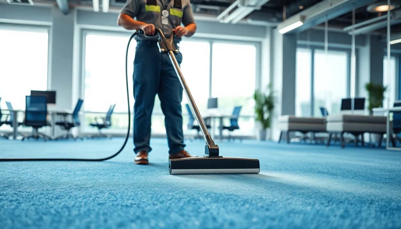 Commercial carpet cleaning in a modern office with a technician using professional equipment.