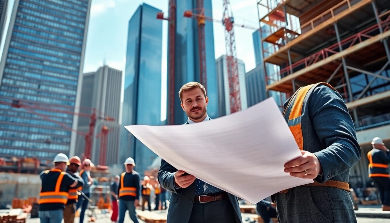 New York City Construction Manager reviewing blueprints at an active urban construction site.