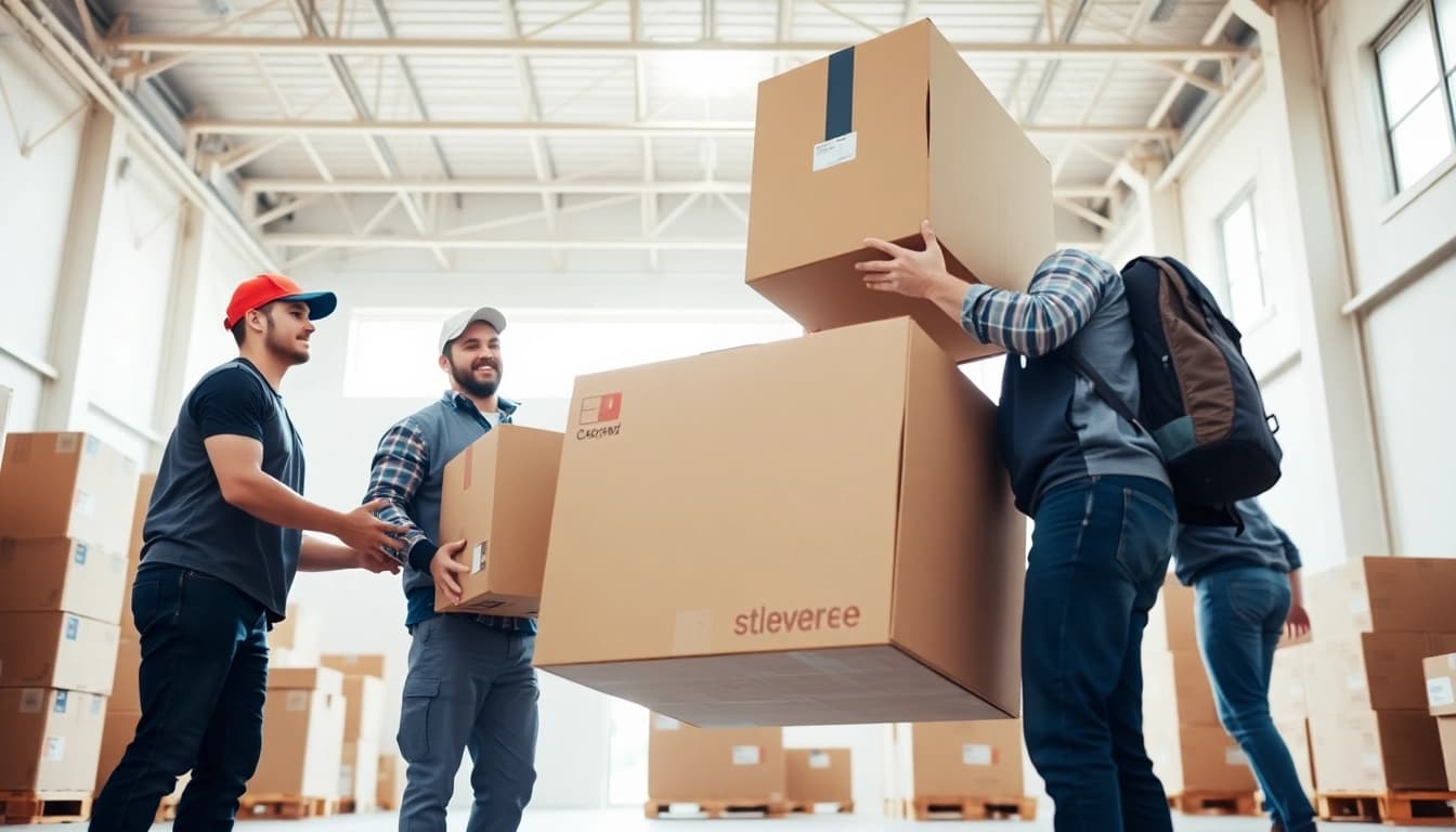 Long distance movers calgary showcasing efficient teamwork in a bright moving environment.