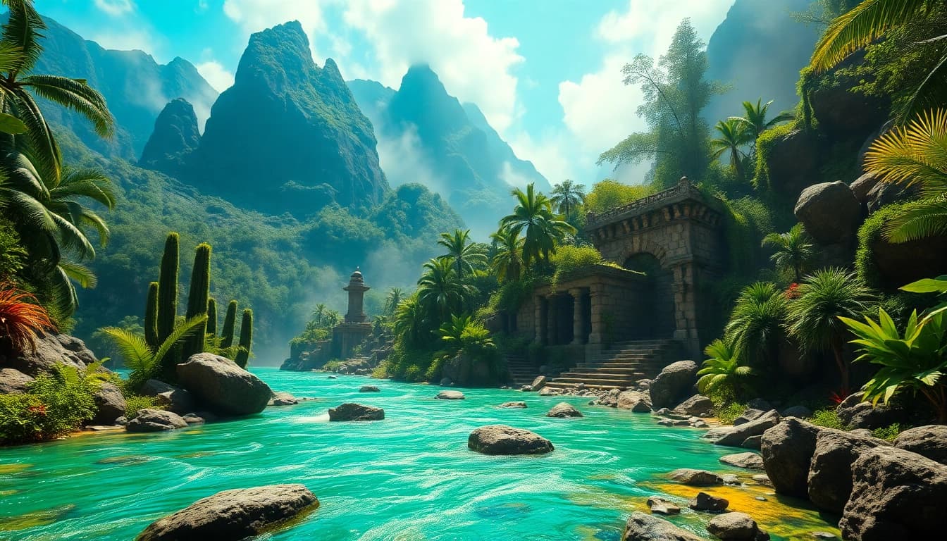 Discovering the treasures of King Solomon's Mine amidst a lush, tropical jungle setting.