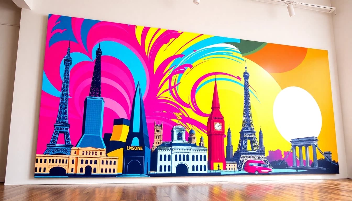 Artistic representation of pop art canvas featuring geometric shapes and famous landmarks.