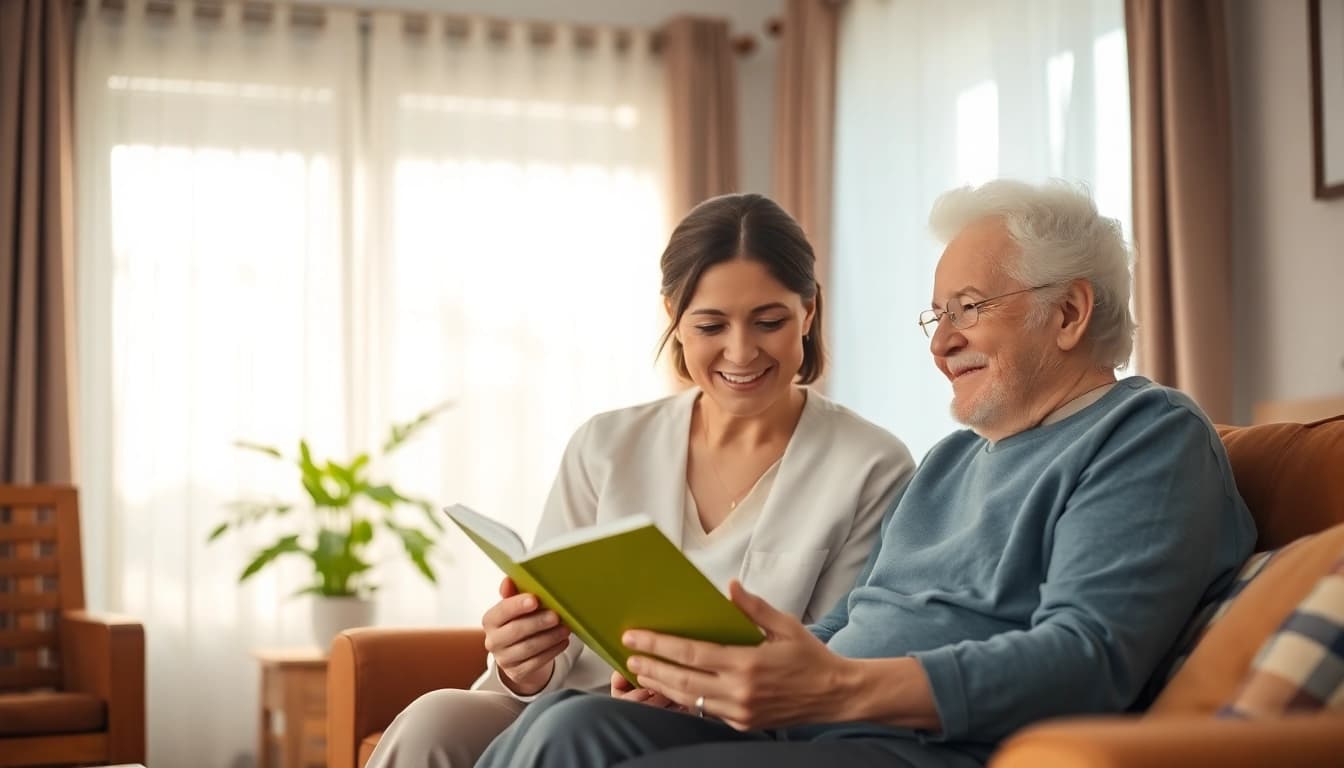 Engaging moment of at home senior care with a caregiver reading to an elderly client in a cozy living room.