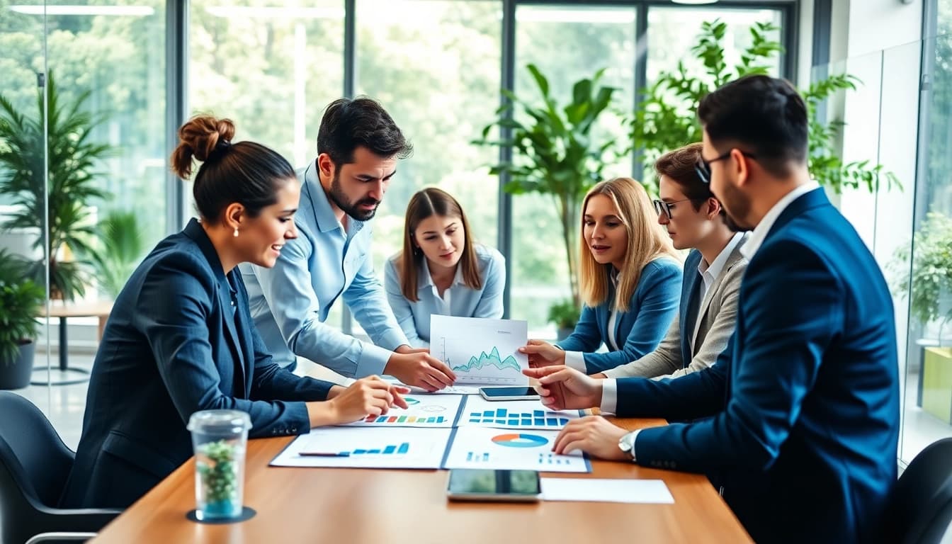 Visual representation of business growth insights through collaborative team dynamics in a professional office.