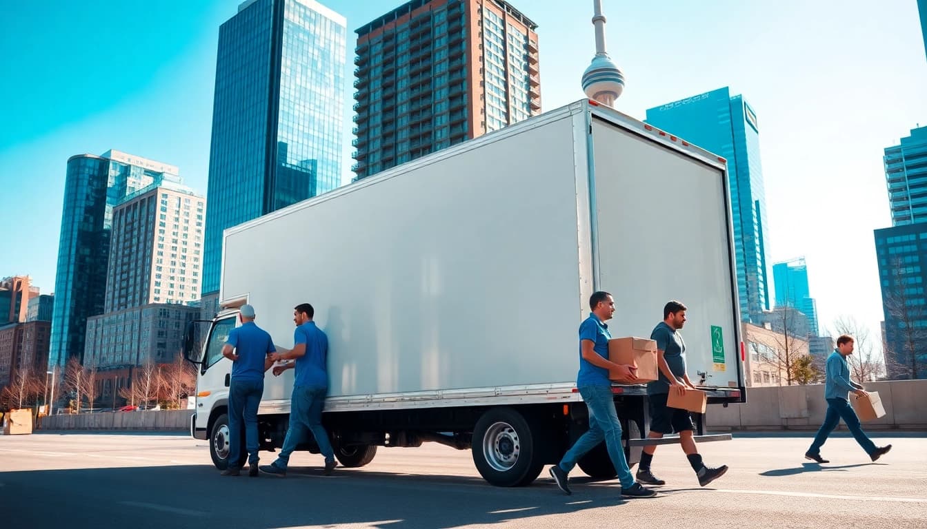 Toronto moving company team efficiently relocating items with a modern truck and the city skyline.