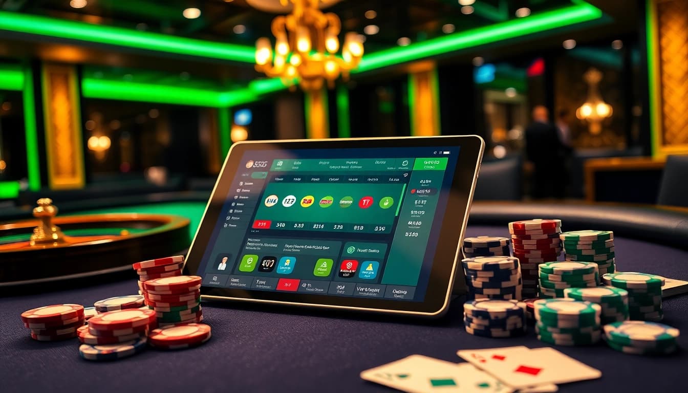 Players engaging with an online gambling platform at Bl555, surrounded by vibrant casino chips and cards.