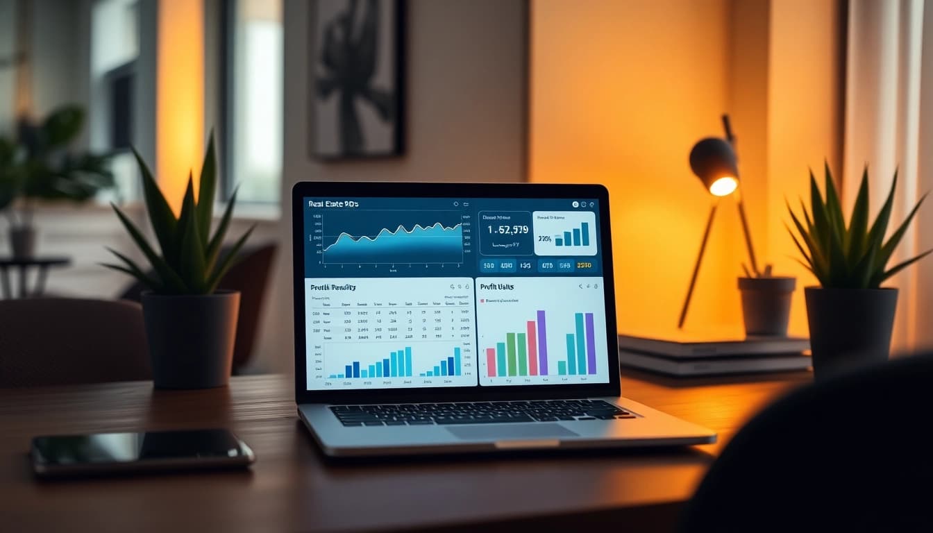 Analyze real estate profit analysis with a laptop displaying investment graphs and ROI charts for home flipping.