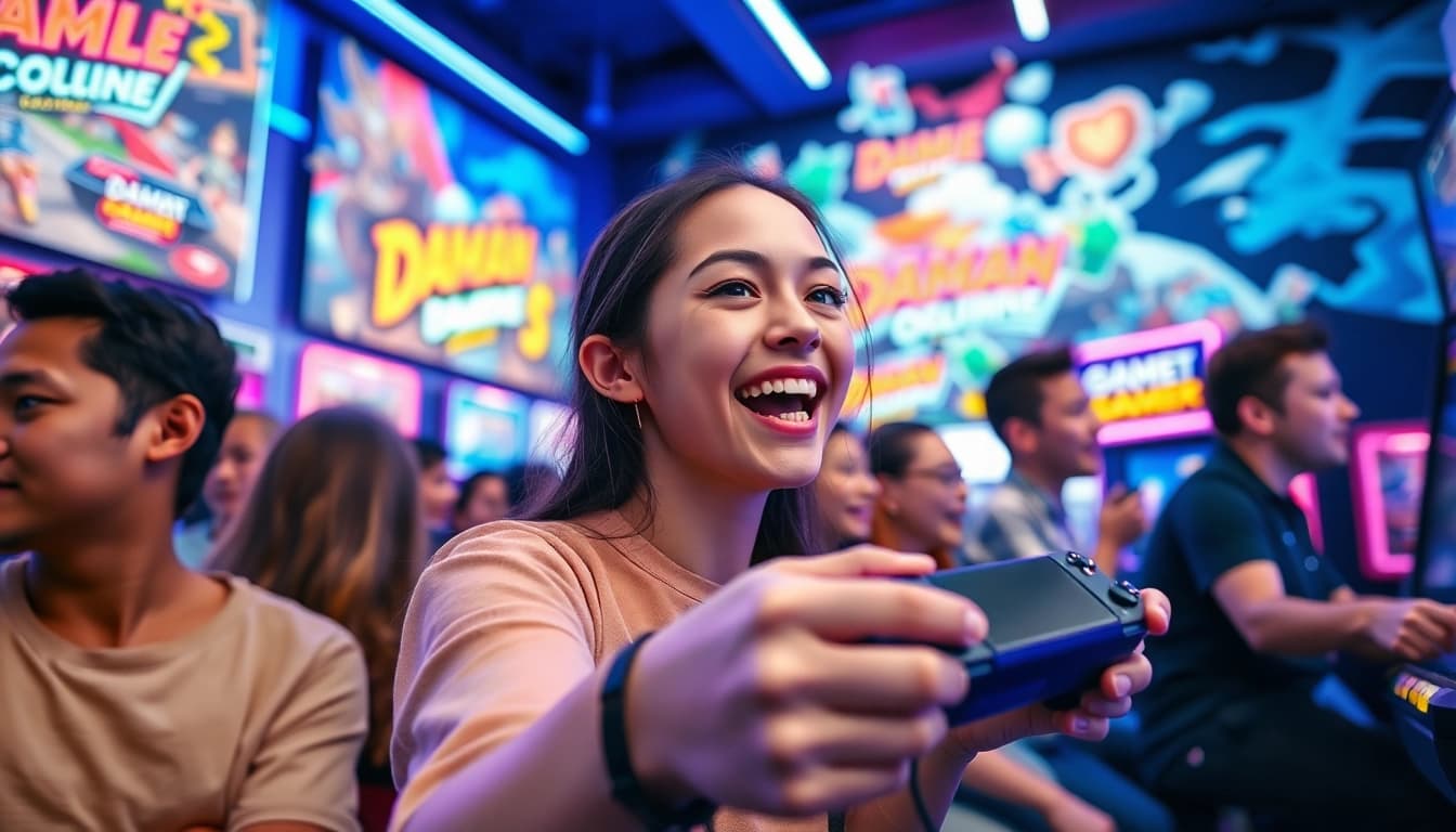 Engaged players enjoying various daman games in a vibrant arcade setting, reflecting gaming culture.