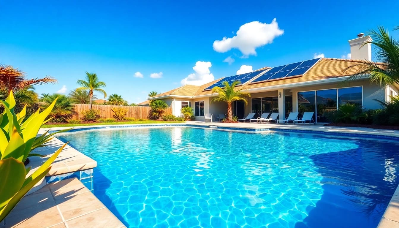 Solar Pool Heating In Sarasota, FL - Beautiful backyard pool with solar panels and lush landscaping.