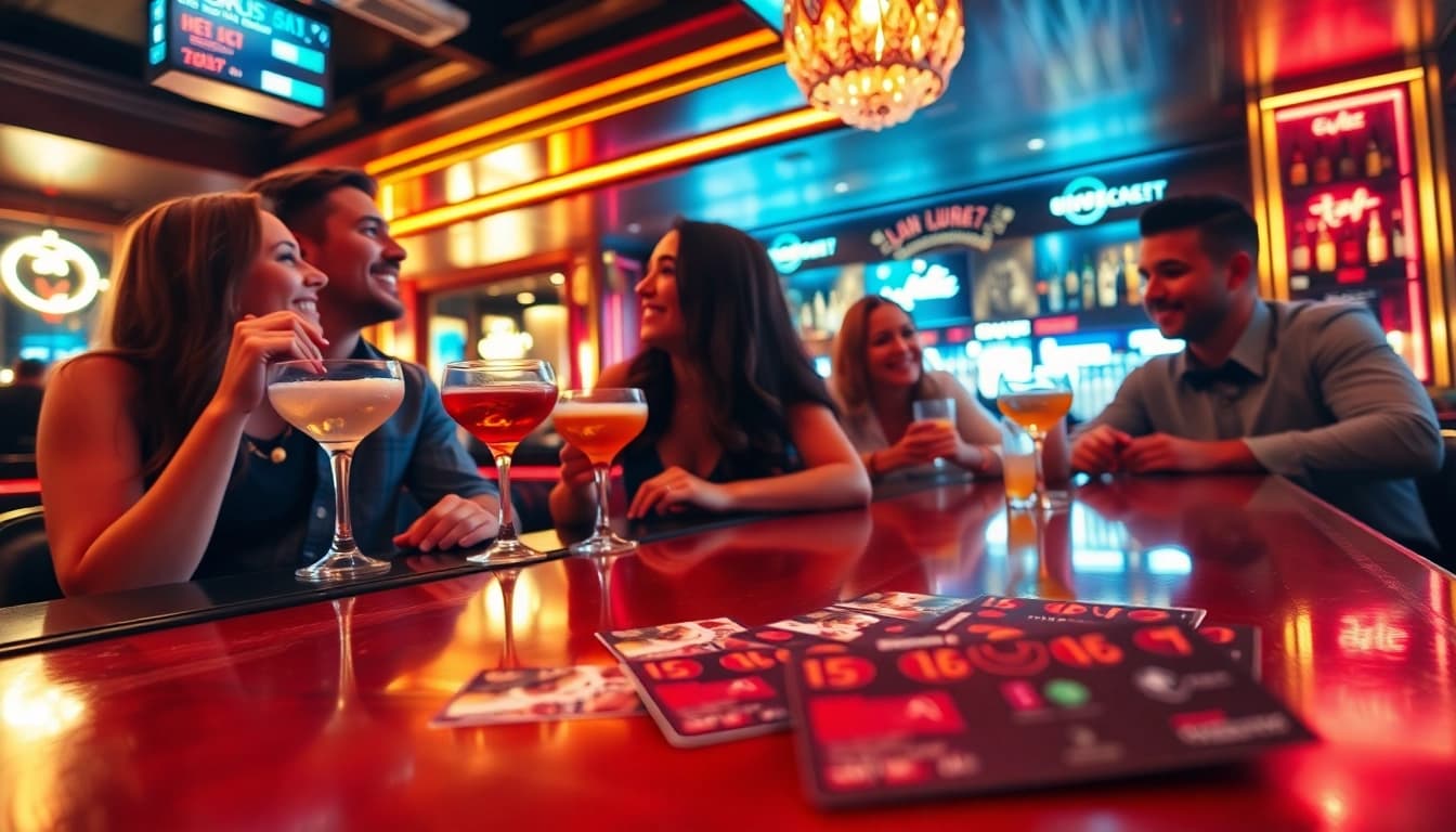Club21 fake ids showcased on a bar table among young adults enjoying vibrant nightlife.