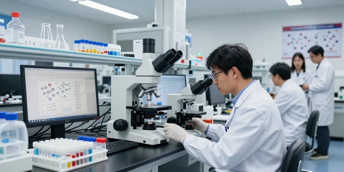 Researcher analyzing peptide research products in a modern lab setting.